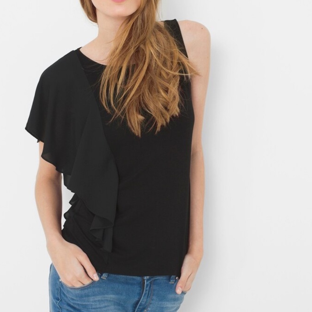 WHBM Black Shoulder Flounce Ruffle Sleeve Blouse Tank Top XS